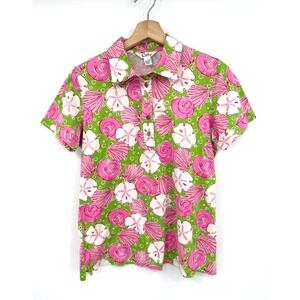 Vintage Lilly Pulitzer Polo Top Green Pink Seashell Print Cotton Beachy Preppy
